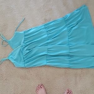 White birch, teal, midi, tiered dress